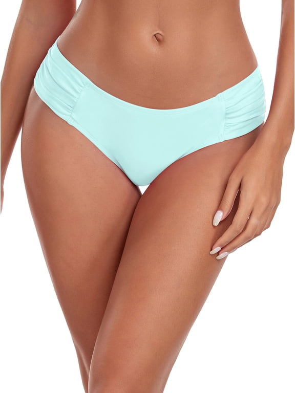Women's Full Coverage Bikini Bottom Low Rise Ruched Sides Swim Bottoms Blue Bathing Suit Bottoms