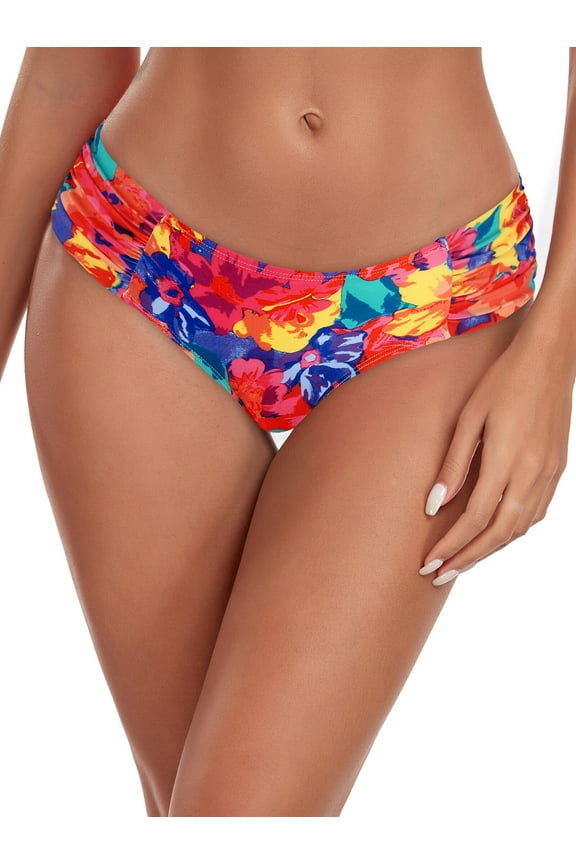 Women's Full Coverage Bikini Bottom Low Rise Ruched Sides Swim Bottoms Floral Bathing Suit Bottoms