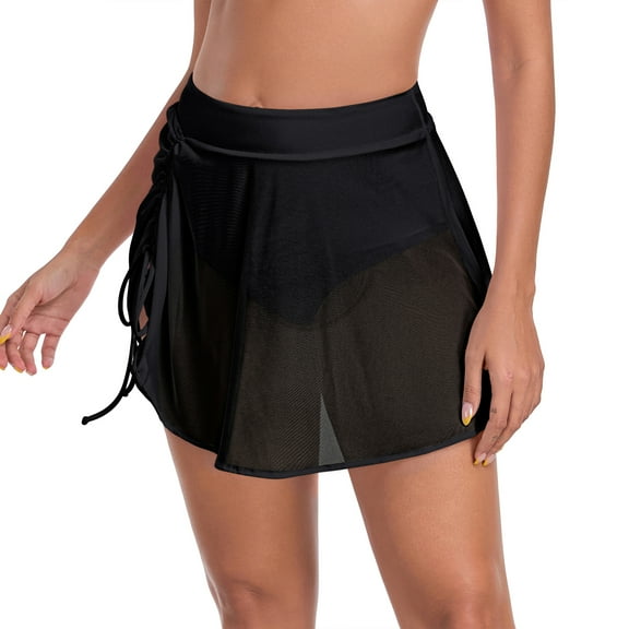 Ocean Blues Women's High-Waisted Swim Skirt with Mesh Splicing Swimsuit Skirt Ruched Drawstring Skirted Swim Bottoms with Built-in Briefs Size S