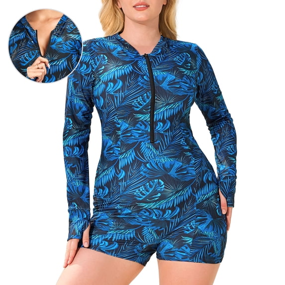 Ocean Blues Women's Long Sleeve One Piece Bathing Suit Athletic Boyleg One Piece Swimsuit UPF 50+ Sun Protection Rash Guard