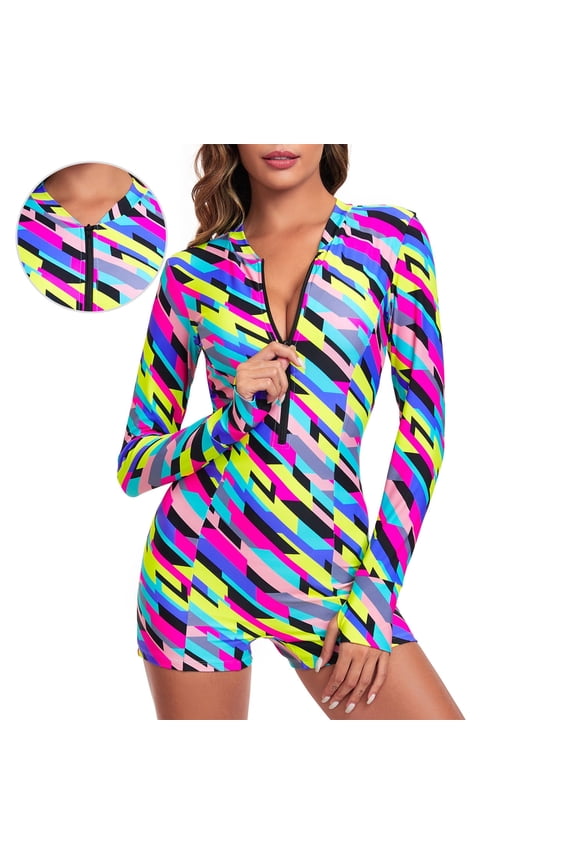 Women's Long Sleeve One Piece Bathing Suit Athletic Boyleg One Piece Swimsuit UPF 50+ Sun Protection Rash Guard