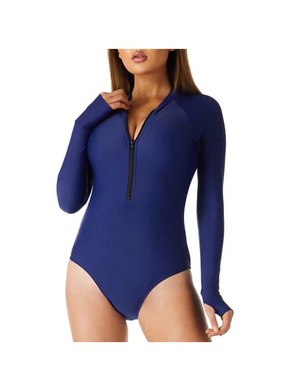 Women's and Women's Plus Swimwear Long Sleeve Zipper Rash Guard Printed Surfing One Piece Swimsuits V Neck One Piece Bathing Suit for Women , Size 2X-Large