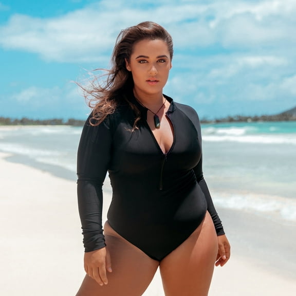 Ocean Blues Women's and Women's Plus Swimwear Long Sleeve Zipper Rash Guard Black One Piece Swimsuits V Neck One Piece Bathing Suit for Women , Size 2X-Large