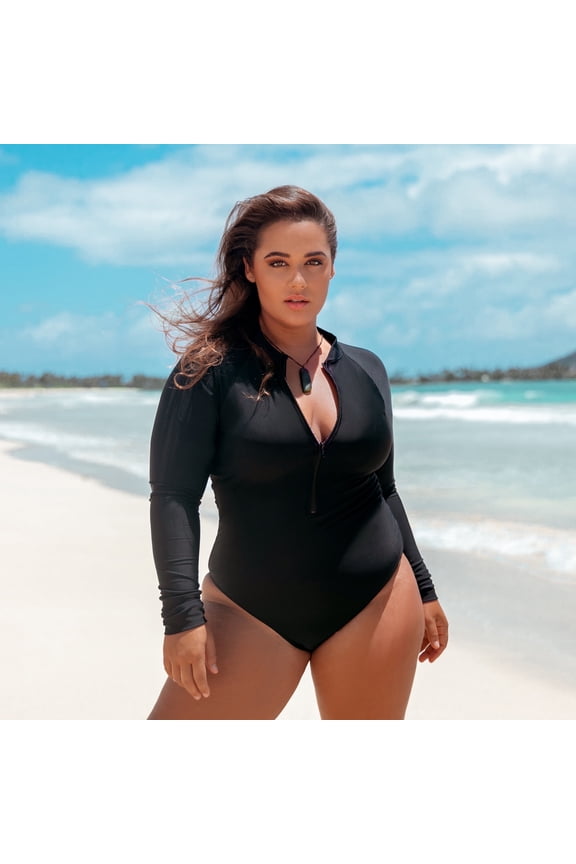 Women's and Women's Plus Swimwear Long Sleeve Zipper Rash Guard Black One Piece Swimsuits V Neck One Piece Bathing Suit for Women , Size 2X-Large