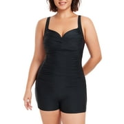 Ocean Blues Women’s One Piece Swimsuit Plus Size Swimwear With Boyleg Short Tummy Control Retro One Piece Bathing Suit For Women