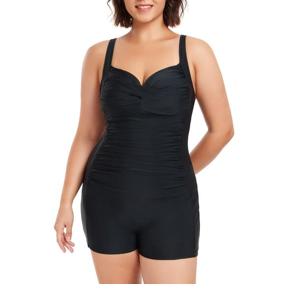 Ocean Blues Women’s One Piece Swimsuit Plus Size Swimwear With Boyleg Short Tummy Control Retro One Piece Bathing Suit For Women