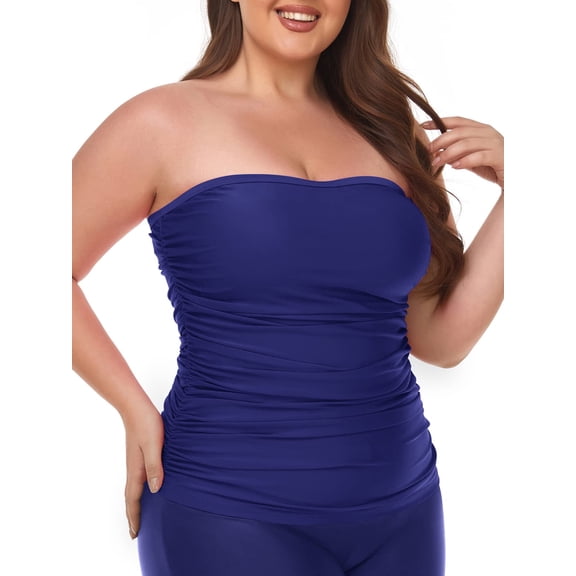 Ocean Blues Women's Bandeau Tankini Top Only Strapless Ruched Swimsuits Top Molded Cups Tankini Bathing Suits for Women