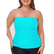 Ocean Blues Women's Bandeau Tankini Top Only Strapless Ruched Swimsuits Top Molded Cups Tankini Bathing Suits for Women