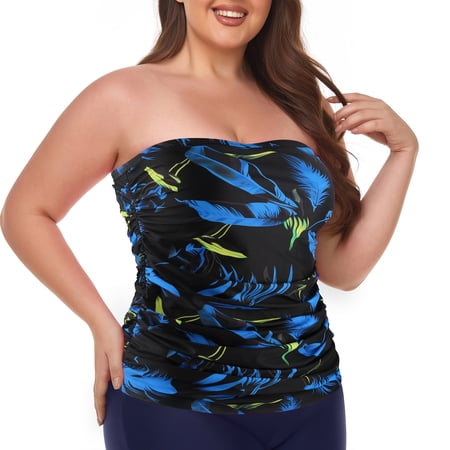 Ocean Blues Women's Plus Size Bandeau Tankini Top Only Strapless Ruched Swimsuits Top Molded Cups Tankini Bathing Suits for Women 4XL