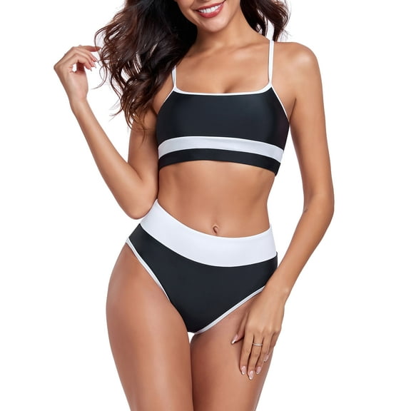 Ocean Blues Women's Plus Size Bikini Set 2-Piece Swimsuit Set Criss Cross Back Scoop Neck Color Block Sport Bikinis Tummy Control High Waisted Two Piece Bathing Suits