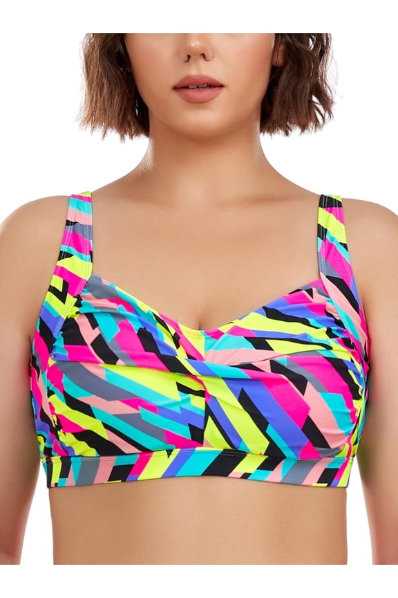 Women and Women's Plus Size Ruched Bandeau Bikini Top Block Print Bathing Suit For All Women , Size Large