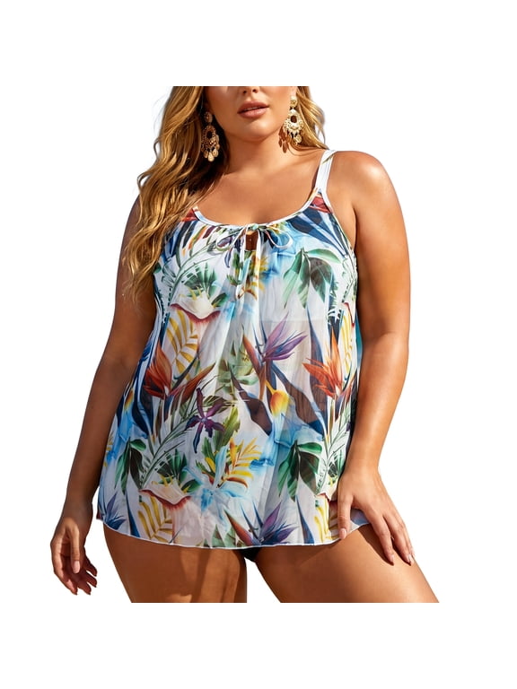 Women's Plus Size Mesh Tankini Top Blouson Tankini Bathing Suit Top Loose Fit Swimsuit for Woman Size XXL