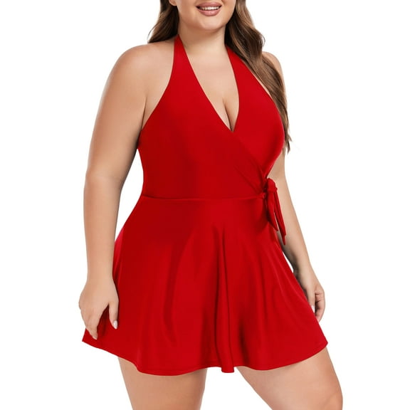 Ocean Blues Women's Plus Size Swimdress Deep V Swimwear One Piece Skirt Tummy Control Red Bathing Suit for Women Size L