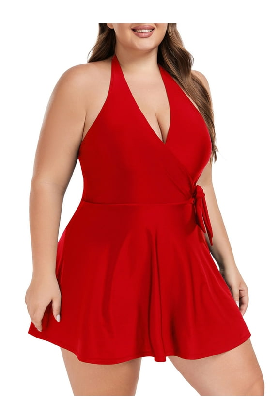 Women's Plus Size Swimdress Deep V Swimwear One Piece Skirt Tummy Control Red Bathing Suit for Women Size S
