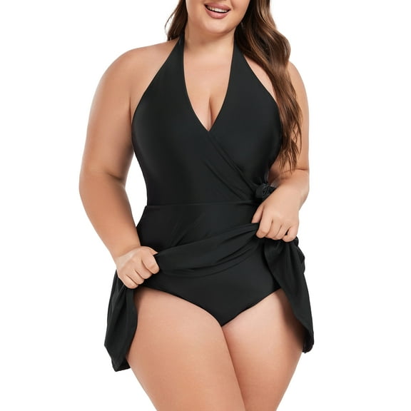 Ocean Blues Women's Plus Size Swimdress Halter Deep V Swimwear One Piece Skirt Tummy Control Black One Piece Bathing Suit for Women Size 3XL