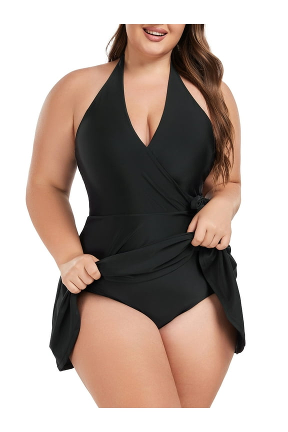 Women's Plus Size Swimdress Halter Deep V Swimwear One Piece Skirt Tummy Control Black One Piece Bathing Suit for Women Size 3XL