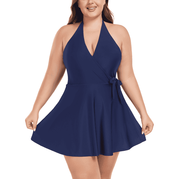 Ocean Blues Women's Plus Size Swimdress Halter Deep V Swimwear One Piece Skirt Tummy Control Black One Piece Bathing Suit for Women Size L