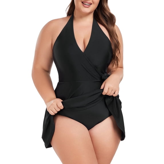 Ocean Blues Women's Plus Size Swimdress Halter Swimwear One Piece Swimsuit Skirt Tummy Control Black One Piece Bathing Suit for Women Size 2XL