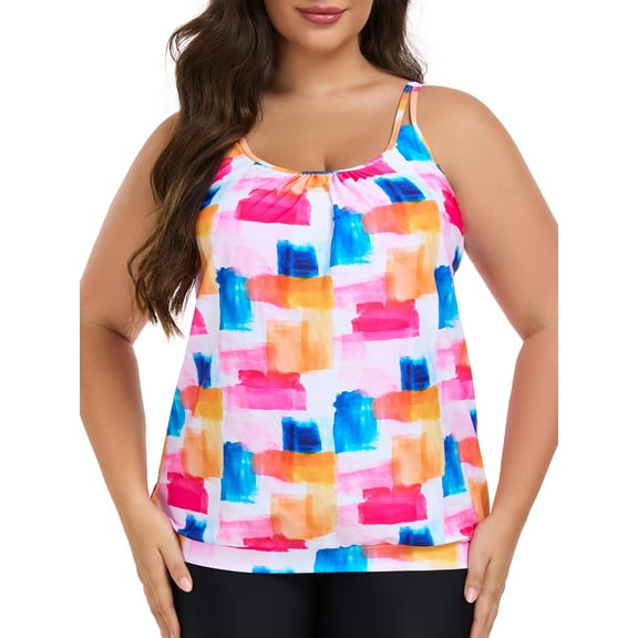 Ocean Blues Women's Plus Size Tankini Top Only Loose Fit Blouson Bathing Suit Top