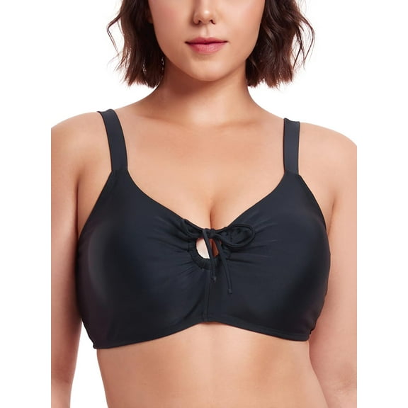 Ocean Blues Women's Retro Bow Tie Cutout Bikini Top Lace Up Back Swimsuit Plunging Padded Bathing Suit Top Black