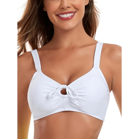 Ocean Blues Women's Retro Bow Tie Cutout Bikini Top Lace Up Back Swimsuit Plunging Padded Bathing Suit Top White