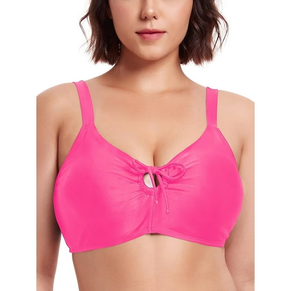 Ocean Blues Women's Retro Bow Tie Cutout Bikini Top Lace Up Back Swimsuit Plunging Padded Bathing Suit Top Hot Pink