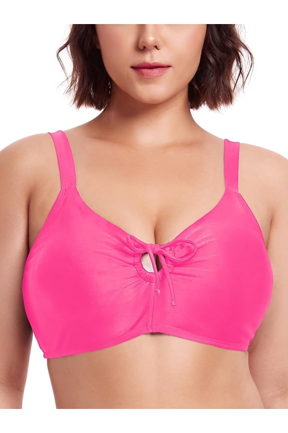 Women's Retro Bow Tie Cutout Bikini Top Lace Up Back Swimsuit Plunging Padded Bathing Suit Top Hot Pink