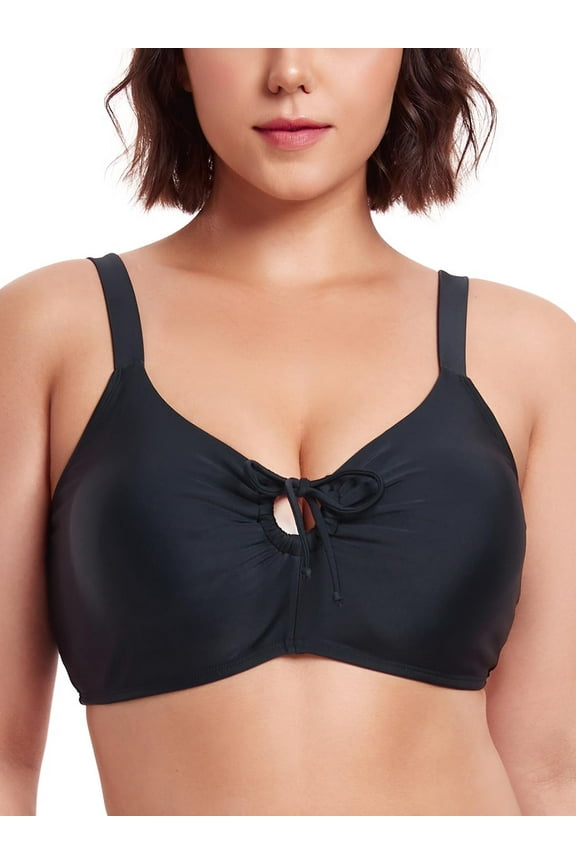 Women's Retro Bow Tie Cutout Bikini Top Lace Up Back Swimsuit Plunging Padded Bathing Suit Top Black