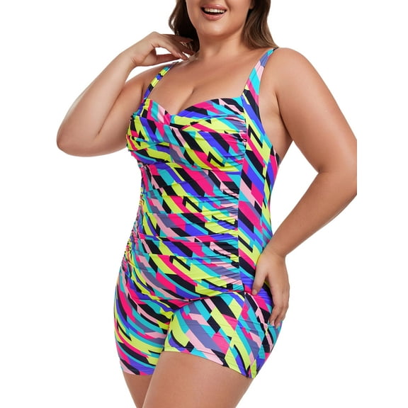 Ocean Blues Women’s Ruched One Piece Swimsuit Striped Print Plus Size 1-Piece Swimwear Tummy Control Retro One Piece Bathing Suit for Women