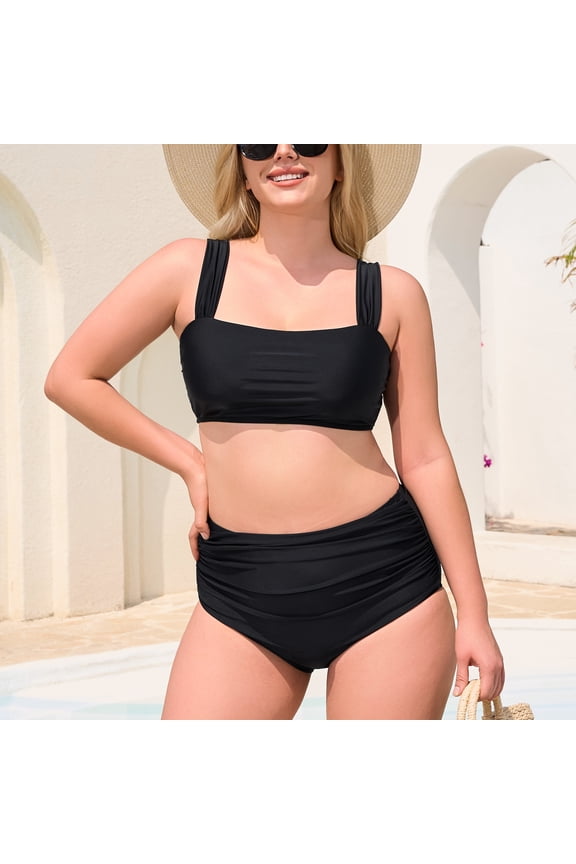 Women's Square Neck Bikini Top with High Waisted Ruched Bottom Two Piece Bathing Suit Swimsuit Sets Size L