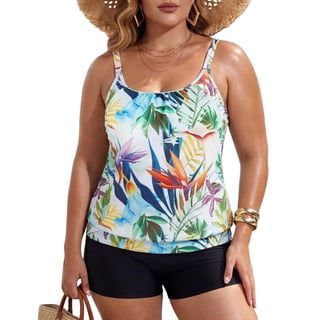 Ocean Blues Women's Swimsuits Set Plus Size Swimwear Blouson Tankini Top with High Waisted Boyshort Two Piece Bathing Suit for Women Size L