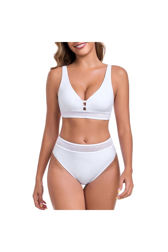 Women's V Neck Mesh Splicing Bikini Swimsuit Set for Women Swimwear Two Piece Bathing Suits Size M