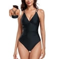 thumbnail image 1 of Ocean Blues Women's V Neck Ruched One Piece Swimsuit Bathing Suits, 1 of 5