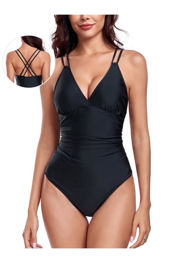 Women's V Neck Ruched One Piece Swimsuit Bathing Suits