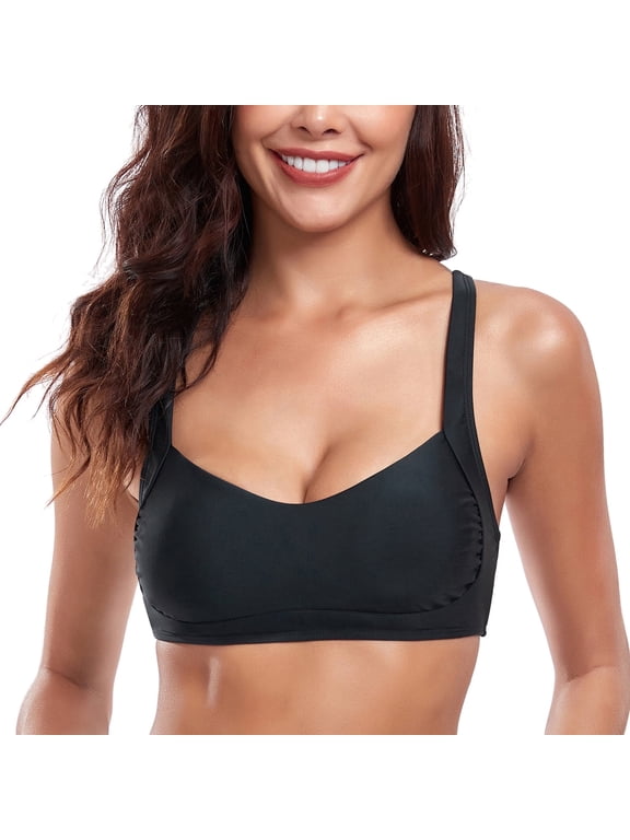 Women's and Women's Plus Bikini Top Ruched Bandeau Swim Top Black Bathing Suit Top