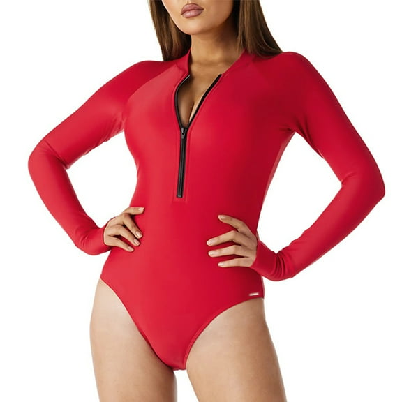 Ocean Blues Women's and Women's Plus Red Rash Guard Long Sleeve Women Tummy Control Zipper One Piece Swimsuit Bathing Suits Size XXL