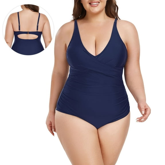 Ocean Blues Women's and Women's Plus Swimwear Twist Push Up Deep V Ruched One Piece Bathing Suits Sexy Navy Blue Tummy Control Surfing Swimsuit