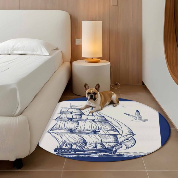 Ocean Boat 3ft Round Rug for Bathroom Accent Bedside Corner, Retro Ship Sea Seagull Vintage Blue Lines Art Washable Non Slip Circle Area Rug for Small Spaces