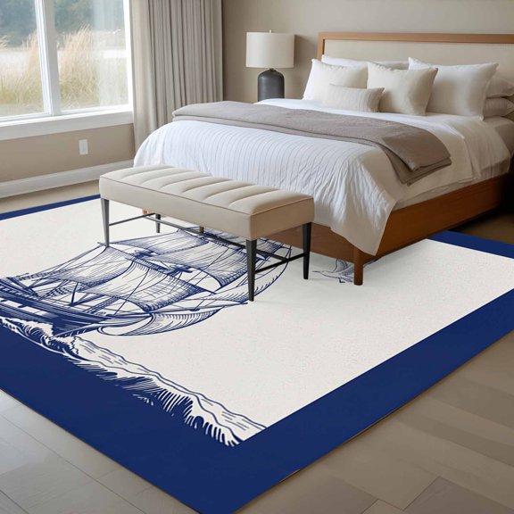 Ocean Boat 6x9 Rug for Dining Room Table and Chair Setup, Retro Ship Sea Seagull Vintage Blue Lines Art Low Pile Washable Non Slip Rectangle Area Rug
