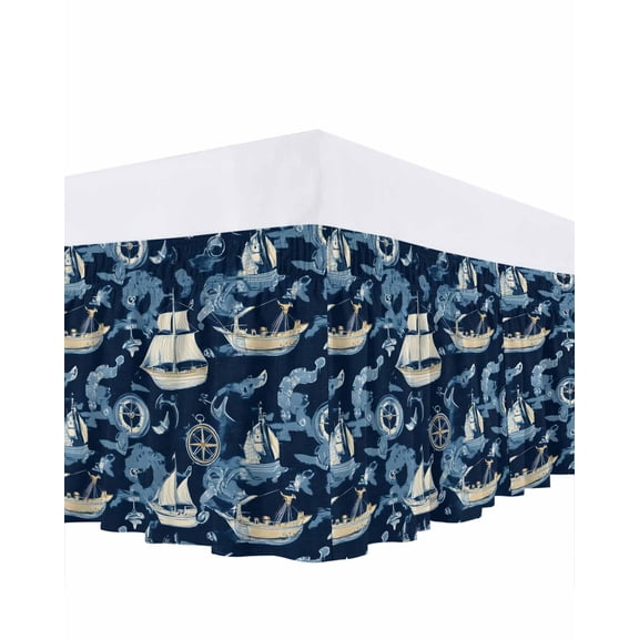 Ocean Boat Bed Skirt Queen Size 16" Drop Sailing Boat Modern Watercraft Anchor Ruffled Wrap Around Bed Skirts Adjustable Elastic Bedskirt Dust Ruffle for Queen Size Bed