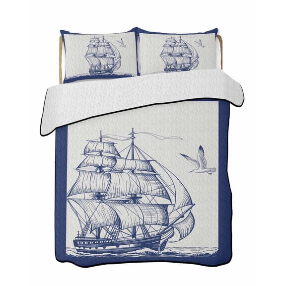 Ocean Boat Quilts Bedding Set California King Retro Ship Sea Seagull Vintage Blue Lines Art Lightweight Quilted Bedspread 3 Piece Bed Quilt with 2 Pillow Shams All Season for Bedroom 96" x 106"