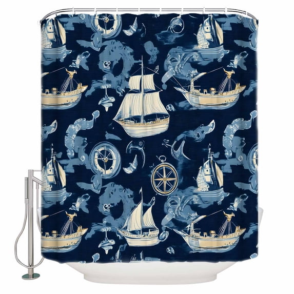 Ocean Boat Shower Curtain, 66" x 72", Sailing Boat Modern Watercraft Anchor Waterproof Bathroom Curtain Washable Shower Curtain Set with 12 Hooks