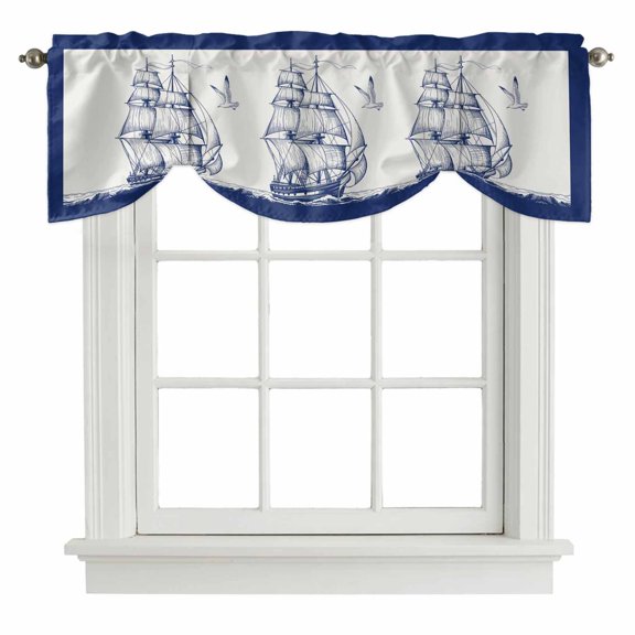Ocean Boat Tie Up Valance Curtains Retro Ship Sea Seagull Vintage Blue Lines Art Adjustable Light Filtering Tie Up Valance Small Window Shade for Kitchen Bedroom Cafe 42" W x 12" L