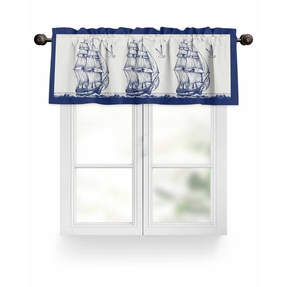 Ocean Boat Valances for Windows Retro Ship Sea Seagull Vintage Blue Lines Art Valance Rod Pocket Short Window Treatments Curtains for Kitchen Bathroom Living Room Bedroom, 42 x 12 Inch