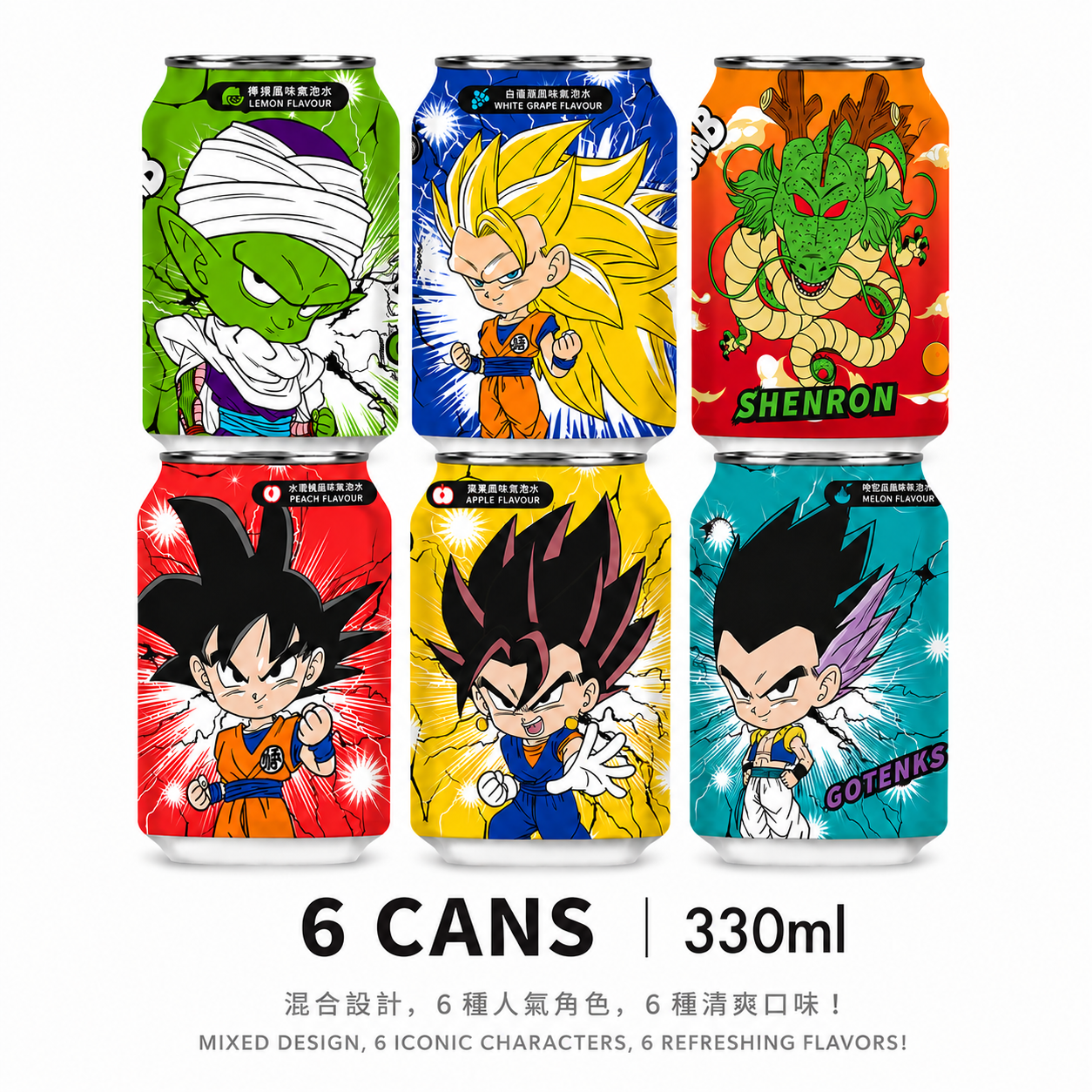 Ocean Bomb Dragonball Agua con Gas Sabor - Paquete de 6, 11.10 FL (330ml) cada uno - Paquete Variado, Diseño Aleatorio - Edición Limitada