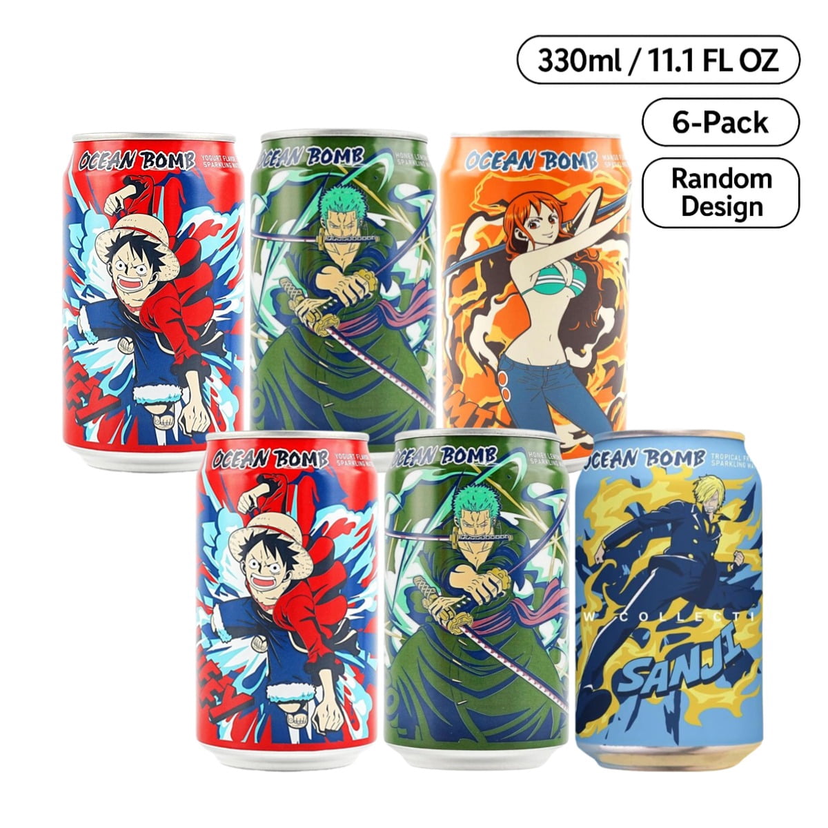 Ocean Bomb One Piece Sparkling Water Flavor - 6 Packs, 11.10 FL (330ml) each - Variety Pack, Random Design - Limited Edition