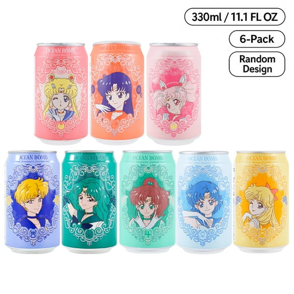 Ocean Bomb Sailor Moon Sparkling Water Flavor - 6 Packs, 11.10 FL (330ml) each - Variety Pack, Random Design - Limited Edition
