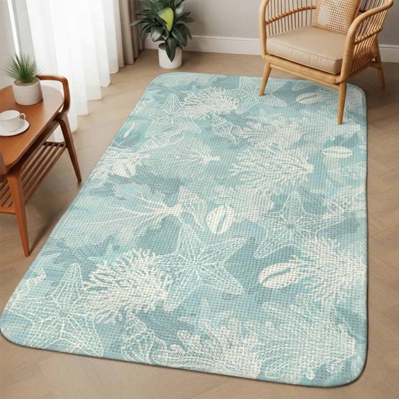 Ocean Botanical Washable Area Rugs for Living Room Bedroom, Large Non Slip Indoor Floor Carpet Absorbent Summer Coastal Coral Conch Starfish Light Blue Door Mat Rugs for Bathroom Entryway 63"x90.6"