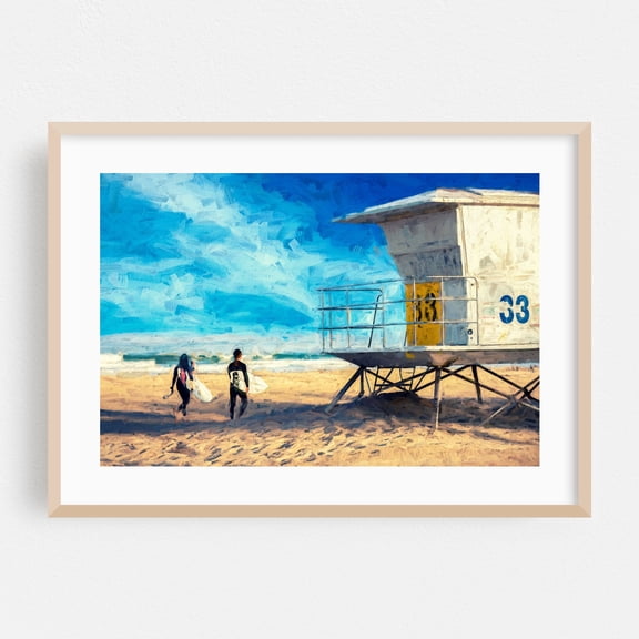 Ocean Bound - Painterly Style - San Diego California Photography Surf Beach Coastal Surfboard Seascape Summer Ocean Oak Framed Wall Art Print 16 x 24 inches