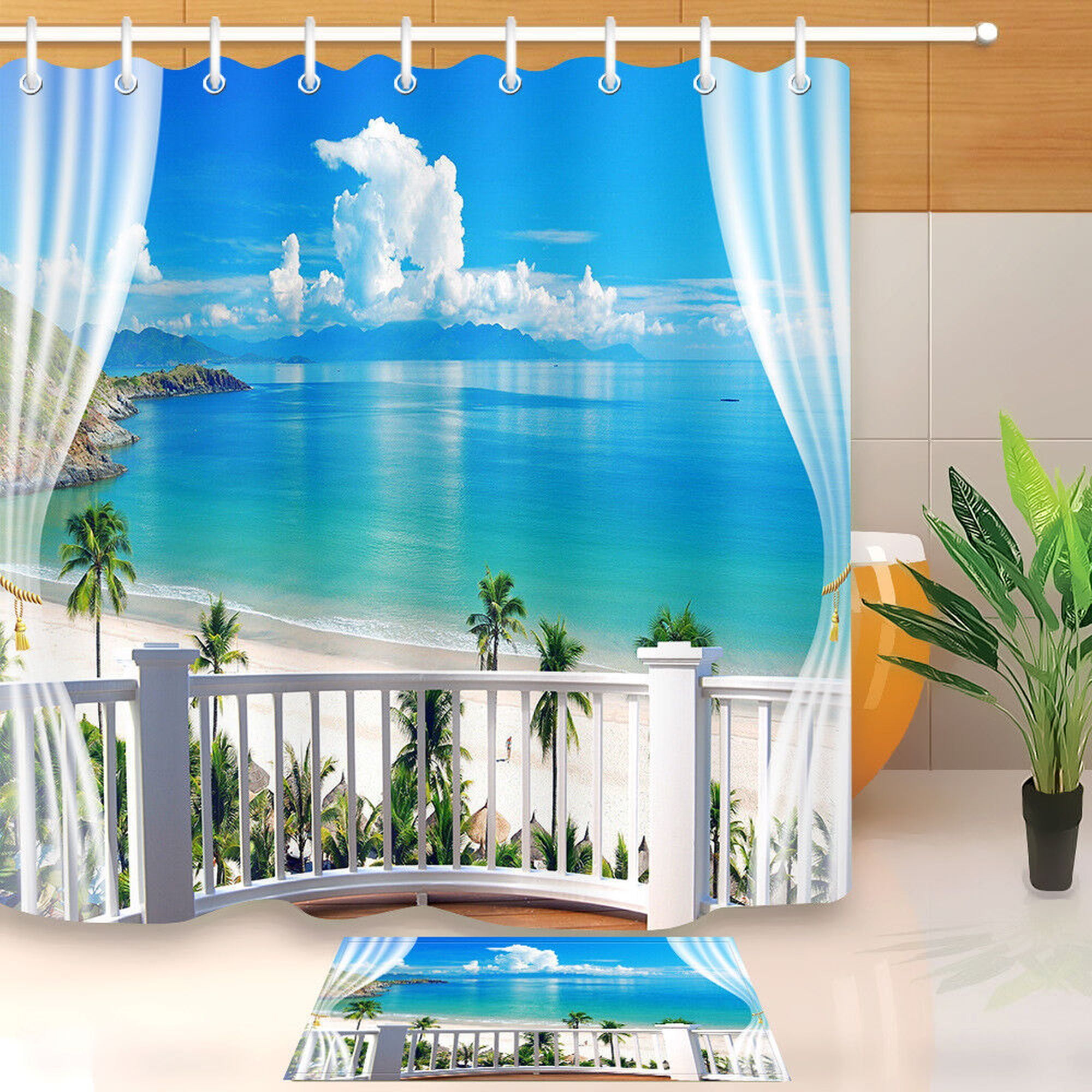 Ocean Breeze Escape Coastal Balcony Seaside Scenery Shower Curtain Set